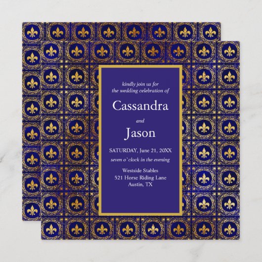 Invitation Mariage de fleurs de lis bleu et or (Devant / Derrière)