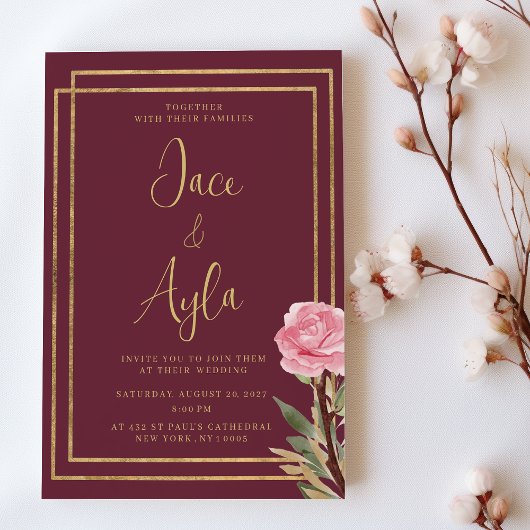 Invitation Mariage de fleurs de menthe rose bordeaux géométri