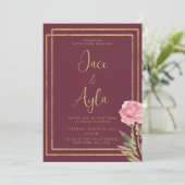 Invitation Mariage de fleurs de menthe rose bordeaux géométri (Debout devant)