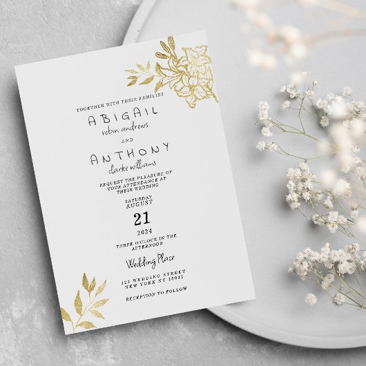 Invitation Mariage de fleurs de parties scintillant en or bla
