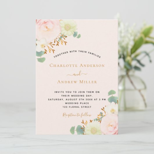 Invitation Mariage de fleurs de pêche rose (Debout devant)