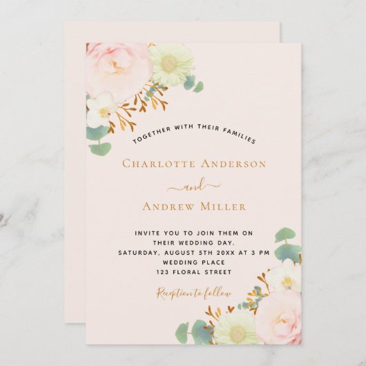 Invitation Mariage de fleurs de pêche rose (Devant / Derrière)