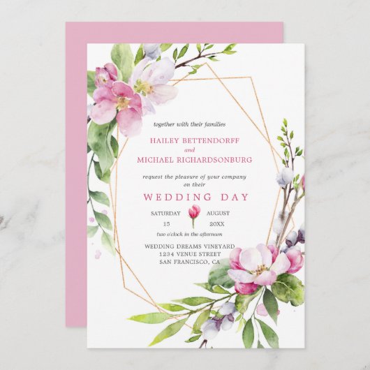 Invitation Mariage de fleurs de pomme rose et blanche (Devant / Derrière)
