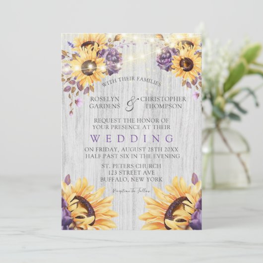 Invitation Mariage de fleurs de soleil violet rustique Peony (Debout devant)