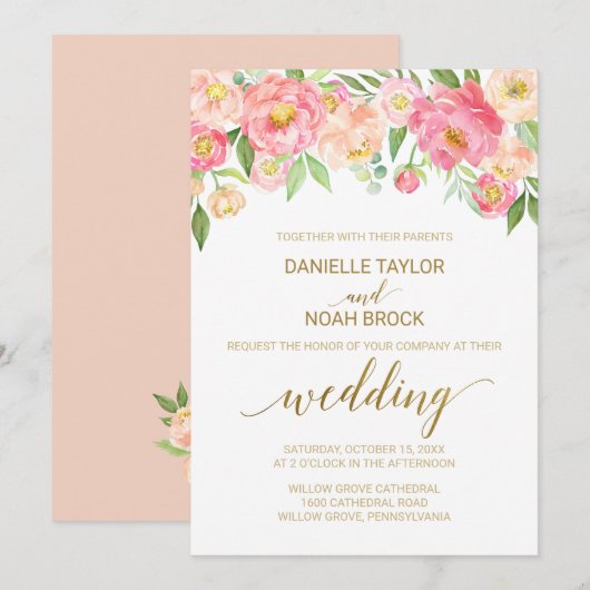 Invitation Mariage de fleurs de tourbe rose et de poitrine ro (Devant / Derrière)