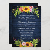 Invitation Mariage de fleurs de tournesol en bois bleu rustiq (Devant / Derrière)