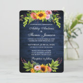 Invitation Mariage de fleurs de tournesol en bois bleu rustiq (Debout devant)