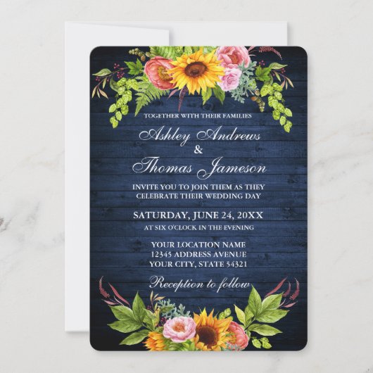 Invitation Mariage de fleurs de tournesol en bois bleu rustiq (Devant)