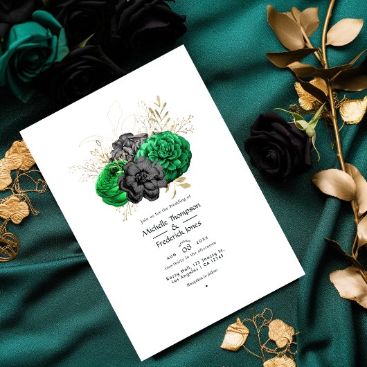 Invitation Mariage de fleurs d'émeraude foncé et d'or