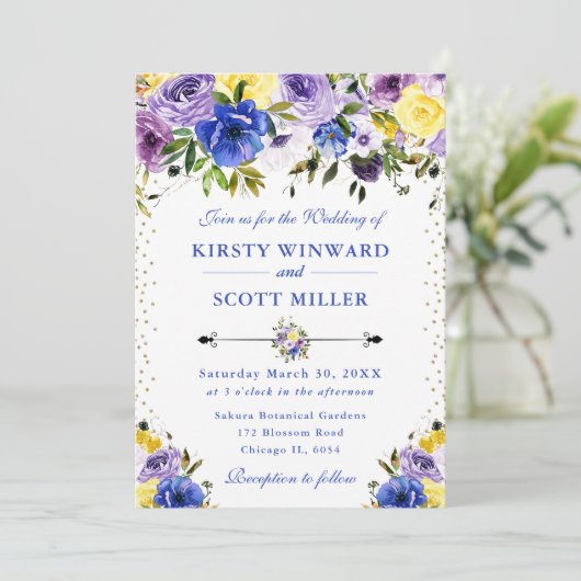 Invitation Mariage de fleurs d'été pourpre et crème (Debout devant)