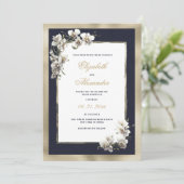 Invitation Mariage de fleurs d'orchidées bleu marine or de lu (Debout devant)
