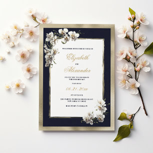 Invitation Mariage de fleurs d'orchidées bleu marine or de lu