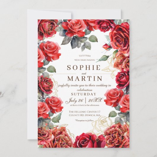 Invitation Mariage de fleurs dorées Roses rousses (Devant)
