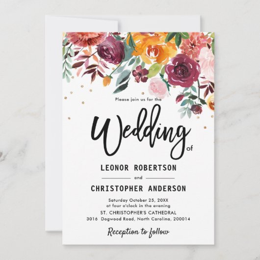 Invitation Mariage de fleurs florales de Bourgogne d'automne (Devant)