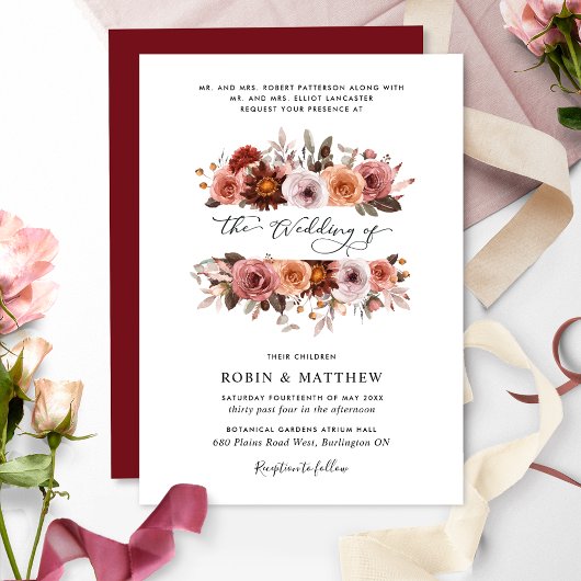 Invitation Mariage de fleurs florales de Bourgogne et de Blus
