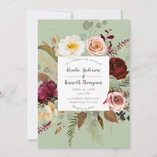 Invitation Mariage de fleurs florales rustique vert (Devant)