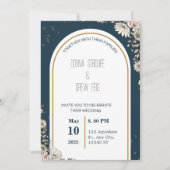 Invitation Mariage de fleurs illustrées bleu marine et crème (Devant)