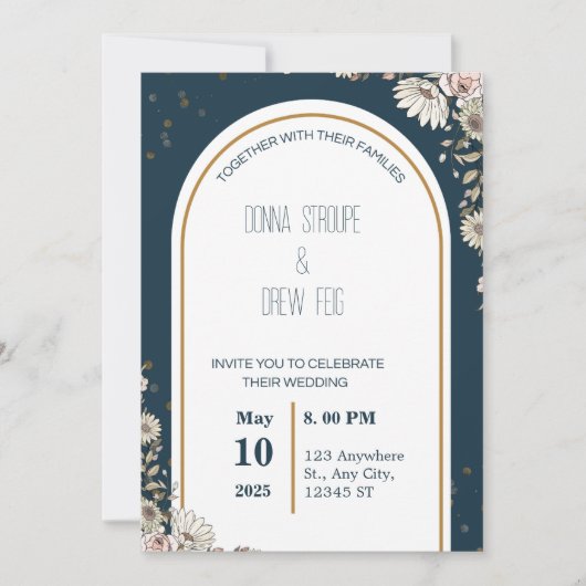 Invitation Mariage de fleurs illustrées bleu marine et crème (Devant)