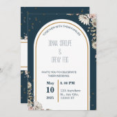 Invitation Mariage de fleurs illustrées bleu marine et crème (Devant / Derrière)