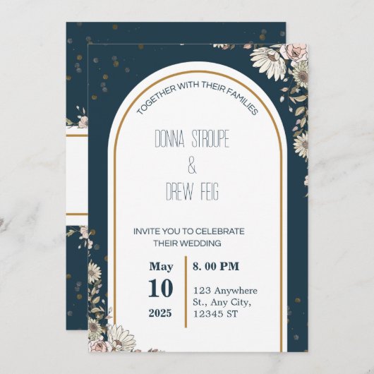Invitation Mariage de fleurs illustrées bleu marine et crème (Devant / Derrière)