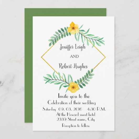 Invitation Mariage de fleurs jaunes Feuilles (Devant / Derrière)