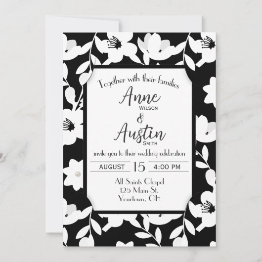 Invitation Mariage de fleurs noir et blanc (Devant)