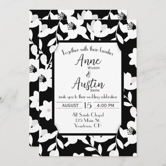 Invitation Mariage de fleurs noir et blanc (Devant / Derrière)