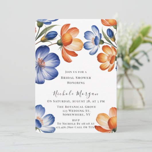 Invitation Mariage de Fleurs Orange et Bleu Cobalt (Debout devant)