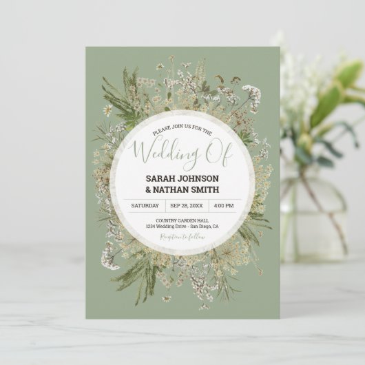 Invitation Mariage de Fleurs Pressées en vert Sage rustique (Debout devant)