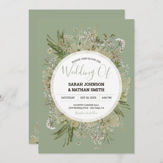 Invitation Mariage de Fleurs Pressées en vert Sage rustique (Devant / Derrière)