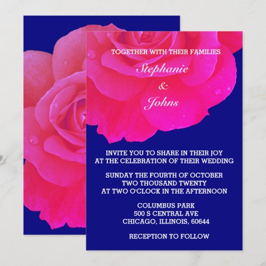 Invitation Mariage de fleurs Rose bleu de la marine rose chau (Devant / Derrière)