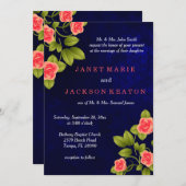 Invitation Mariage de fleurs Rose bleu foncé et corail (Devant / Derrière)