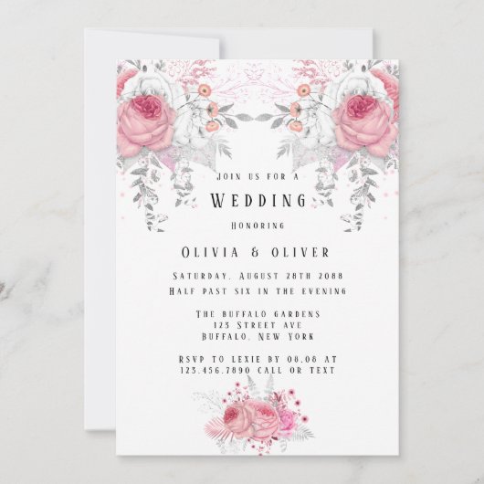Invitation Mariage de fleurs rose et argent Peony (Devant)