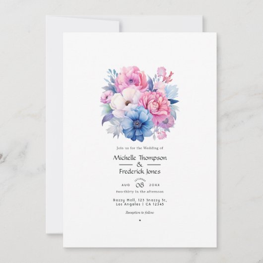 Invitation Mariage de fleurs rose et bleu doux (Devant)