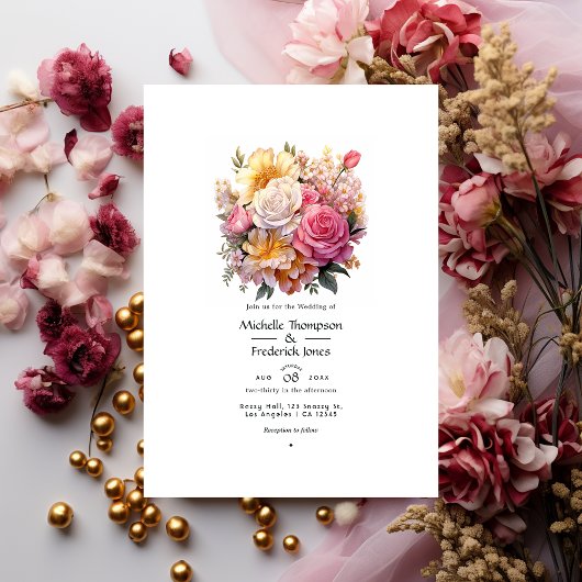Invitation Mariage de fleurs rose et or