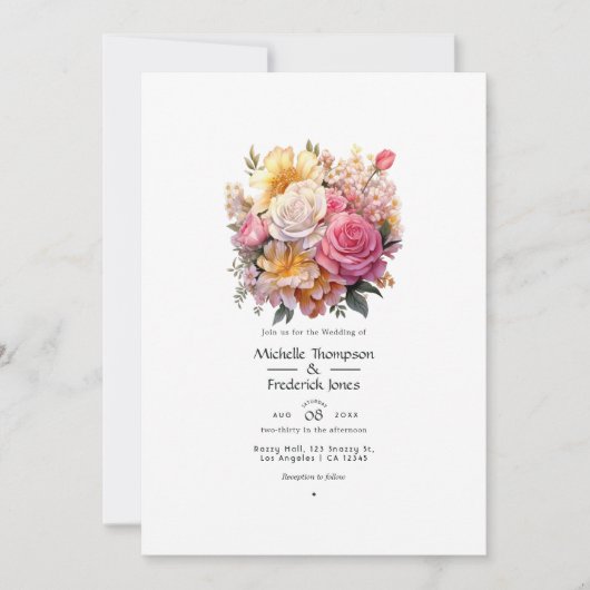 Invitation Mariage de fleurs rose et or (Devant)