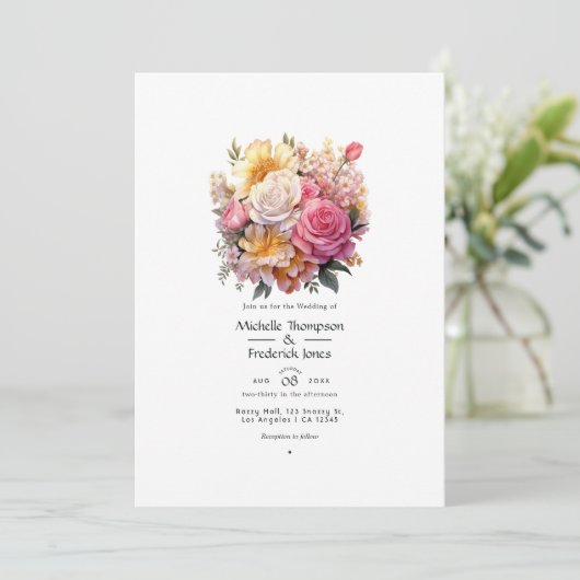 Invitation Mariage de fleurs rose et or (Debout devant)