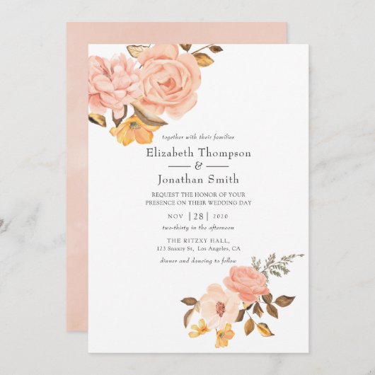 Invitation Mariage de fleurs rose et or (Devant / Derrière)