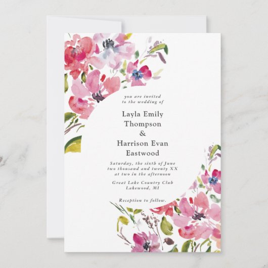 Invitation Mariage de fleurs rose Fleur sauvage aquarelle (Devant)
