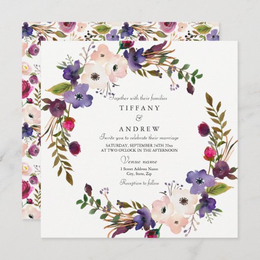 Invitation Mariage de fleurs rose violet botanique (Devant / Derrière)