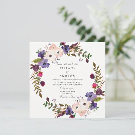 Invitation Mariage de fleurs rose violet botanique (Debout devant)
