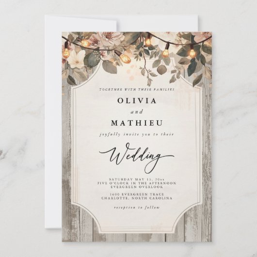 Invitation Mariage de fleurs rustiques de bois (Devant)