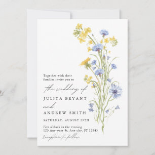 Invitation Mariage de fleurs sauvages jaunes et bleues 