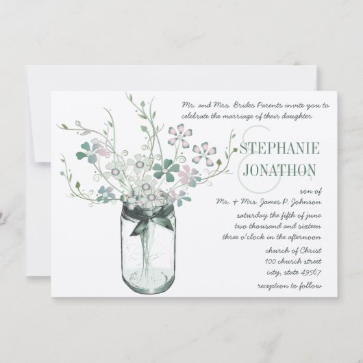 Invitation Mariage de fleurs sauvages Mint Blush Pink Mason J (Devant)