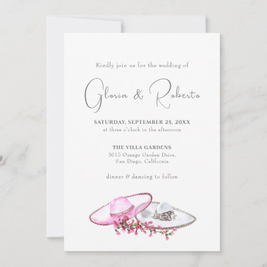 Invitation Mariage de fleurs sombrero rose doux (Devant)