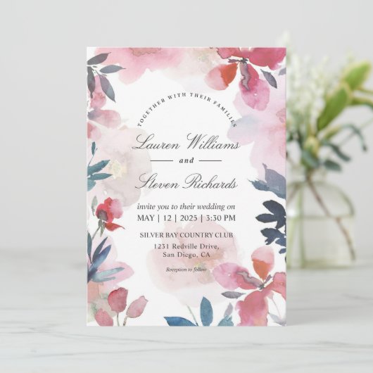 Invitation Mariage de fleurs transparentes bleu rose blanc pe (Debout devant)