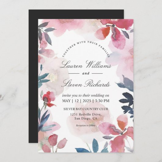Invitation Mariage de fleurs transparentes bleu rose blanc pe (Devant / Derrière)