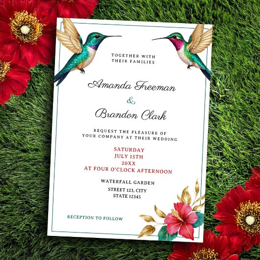 Invitation Mariage de fleurs tropicales rouges des colibris v