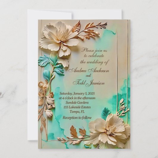 Invitation mariage de fleurs turquoise et beige (Devant)