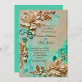 Invitation mariage de fleurs turquoise et beige (Devant / Derrière)